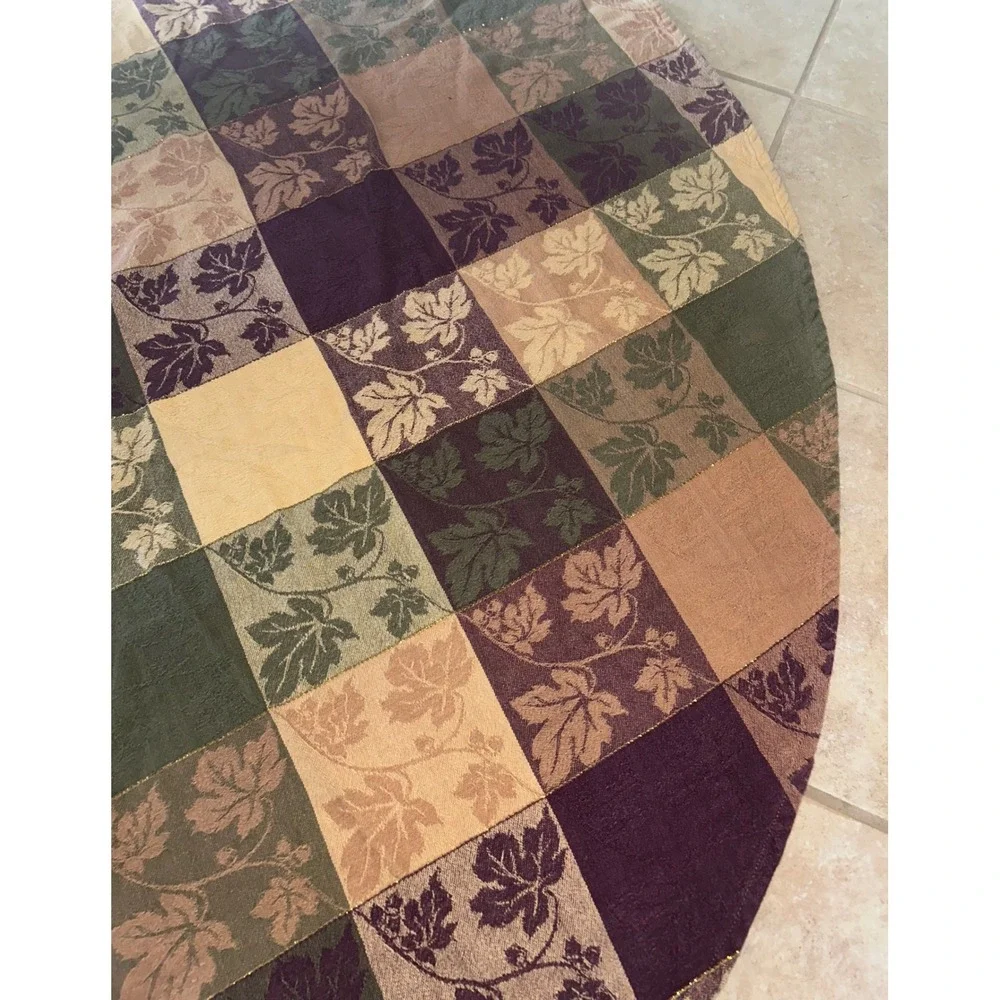 Oblong/Round Patchwork Leaf Jacquard Tablecloth Autumn Harvest Gold Metallic Vtg